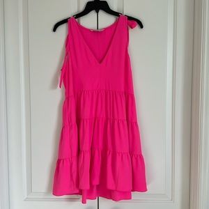 AMANDA UPRICHARD TIERED HOT PINK V NECK DRESS BOW SLEEVE